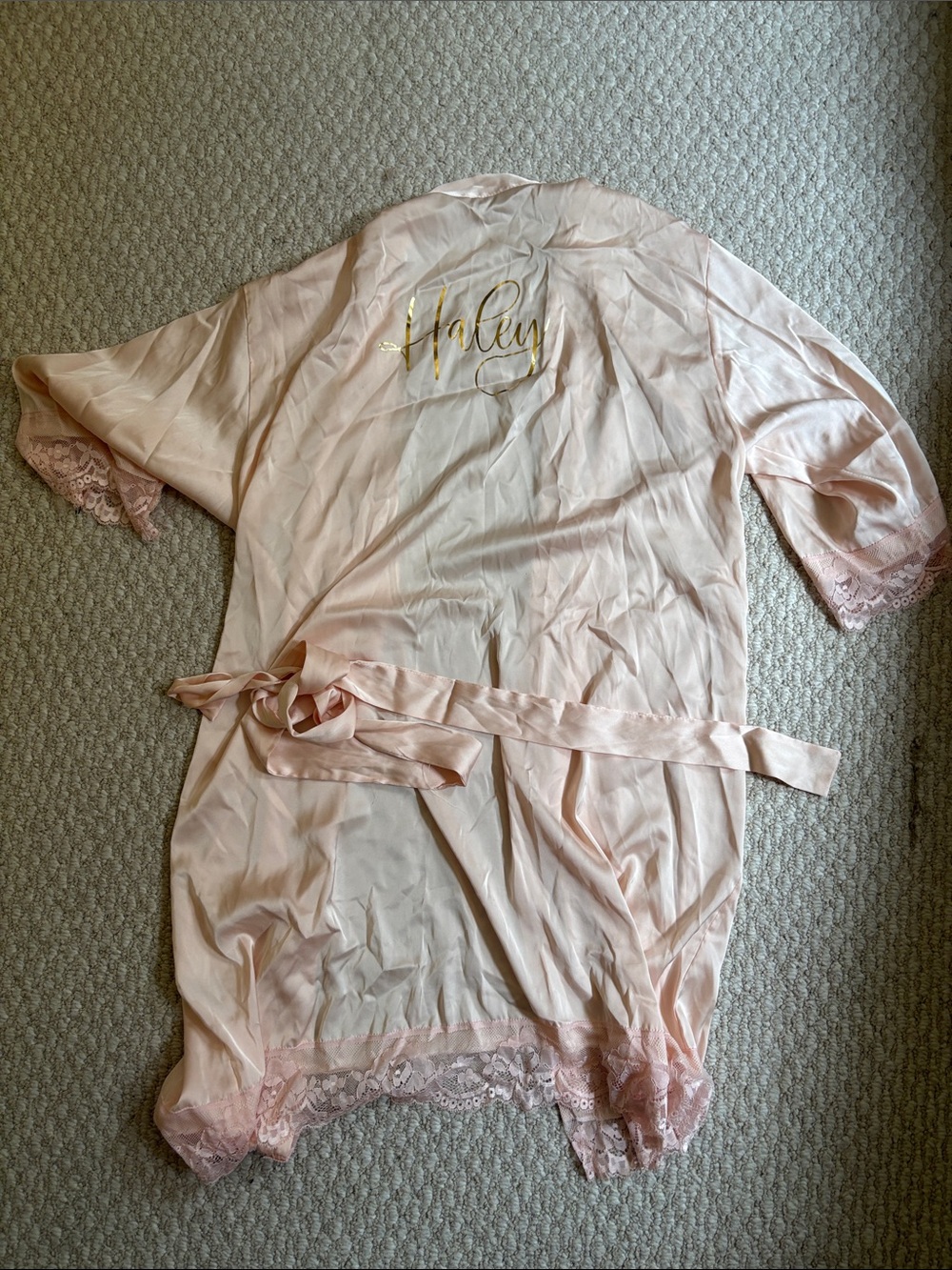 Personalized Pale Pink Satin Lace Robe with 'Haley' Script